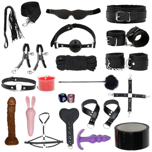 GDD Zestaw BDSM 20 el. krępowanie bicz knebel pejcz sex gadżet dla par wibrator masażer kajdanki dildo wibrator korek analny uprząż Czarny 20szt 1.png